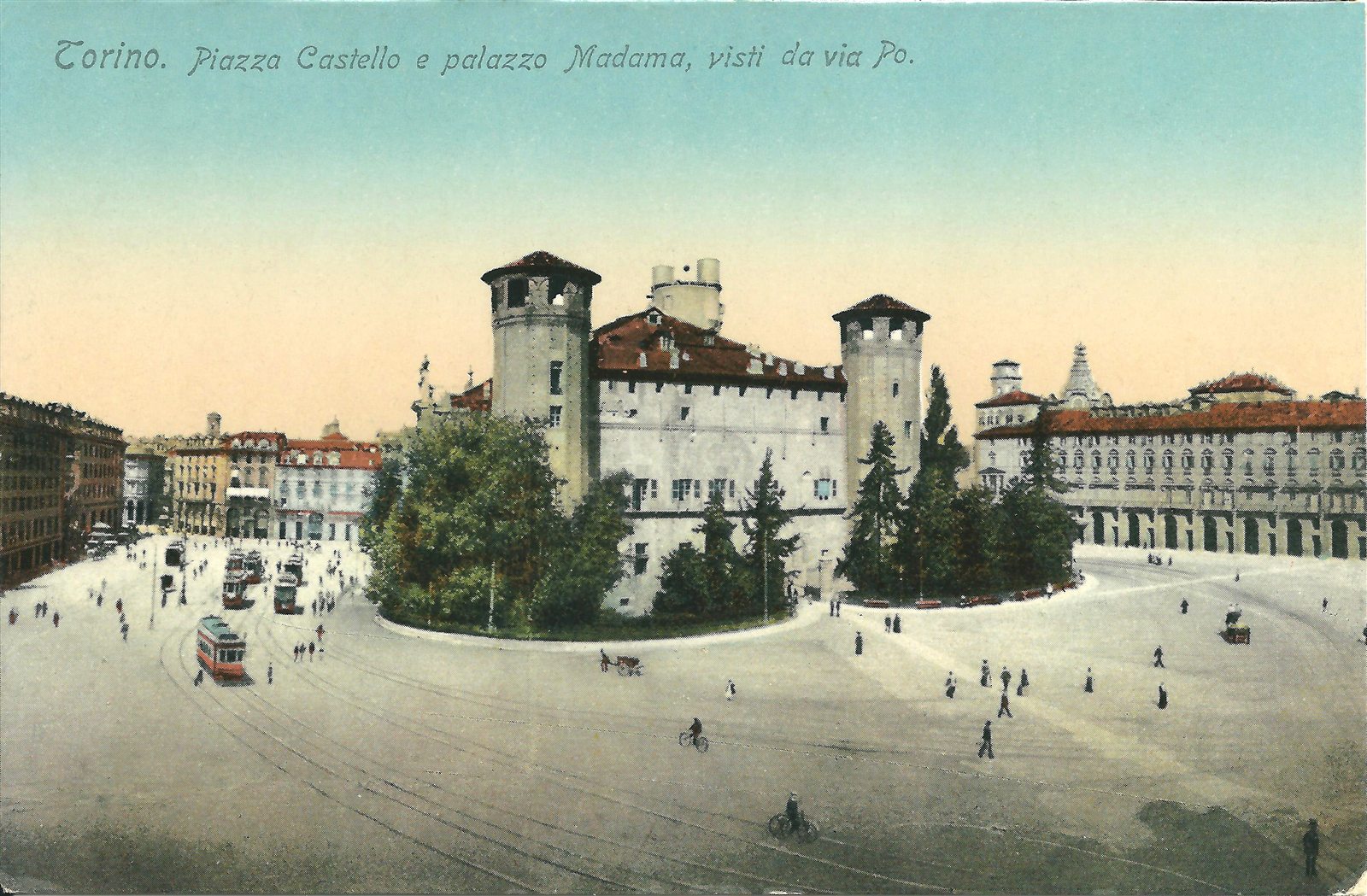 Cartão-postal antigo da Piazza Castello com bondes diante do Palazzo Madama