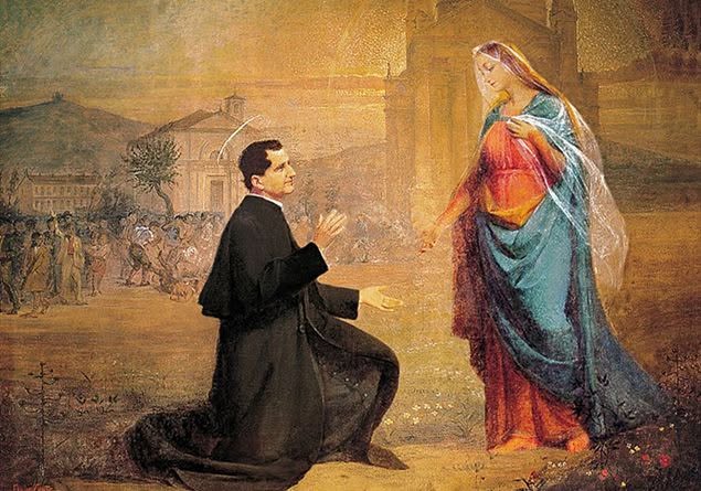 Pintura de Dom Bosco ajoelhado diante de Maria no Altar da Aparição