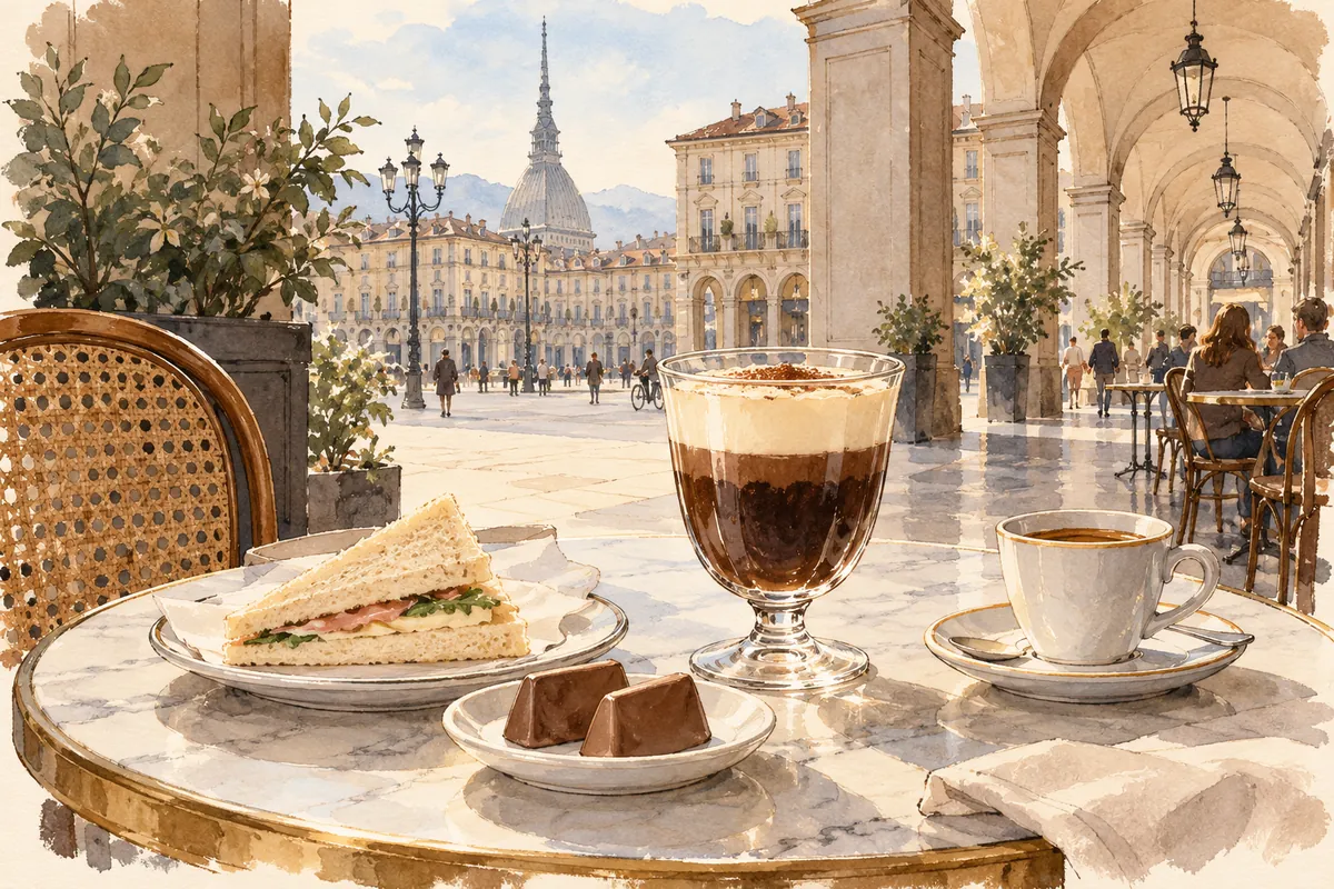 Taça de bicerin, xícara de espresso, tramezzino e chocolates sobre uma mesa de café sob arcadas
