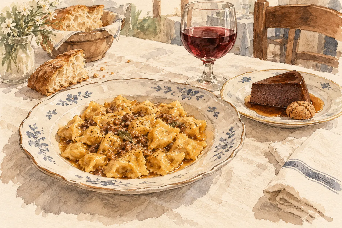 Prato de agnolotti del plin, bonèt, pão e uma taça de vinho sobre uma mesa clara