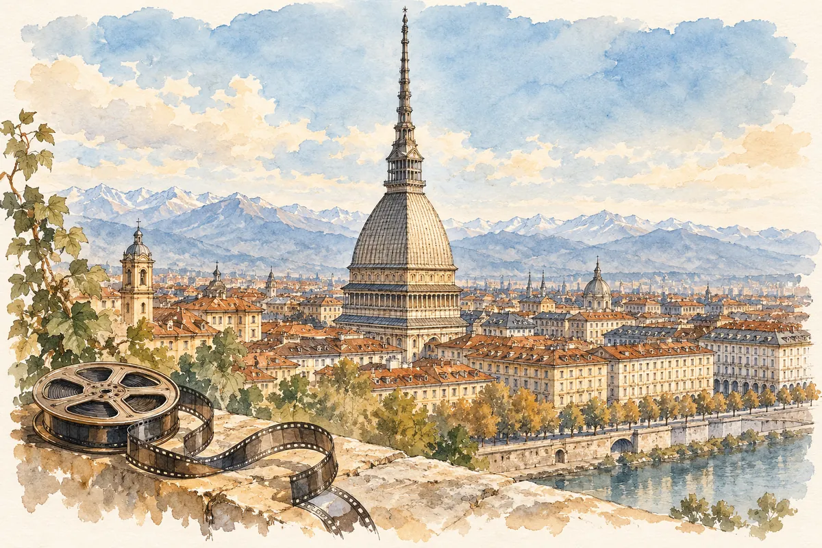 Mole Antonelliana desenhada sobre os telhados de Turim, com um rolo de filme em primeiro plano
