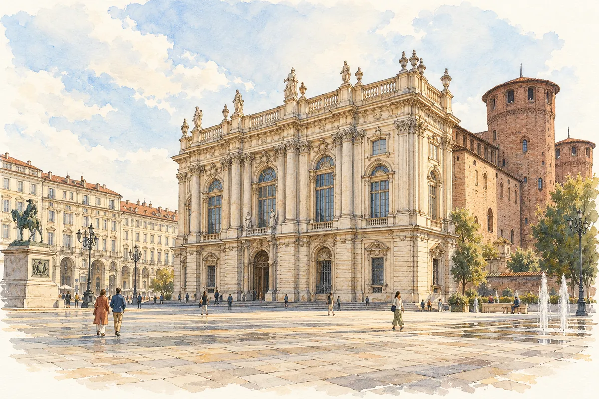 Fachada barroca do Palazzo Madama, com seu corpo de tijolos ao lado e pessoas na praça