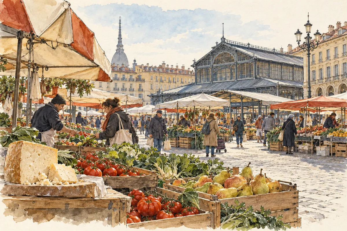 Bancas de frutas, verduras e queijos, toldos e compradores no mercado de Porta Palazzo