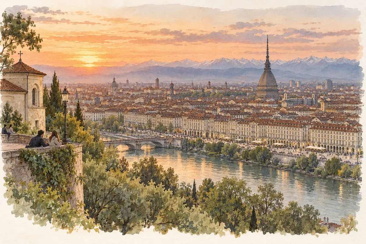 Panorama ilustrado de Turim ao entardecer, com o rio Pó, a Mole e montanhas ao fundo