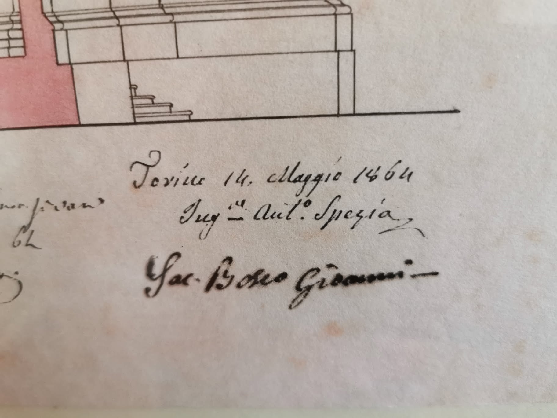 Detalhe de desenho arquitetônico com assinatura de Antonio Spezia