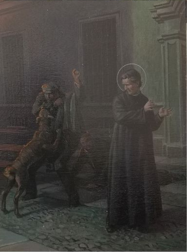 Pintura de Dom Bosco ao lado de um cão que enfrenta dois homens