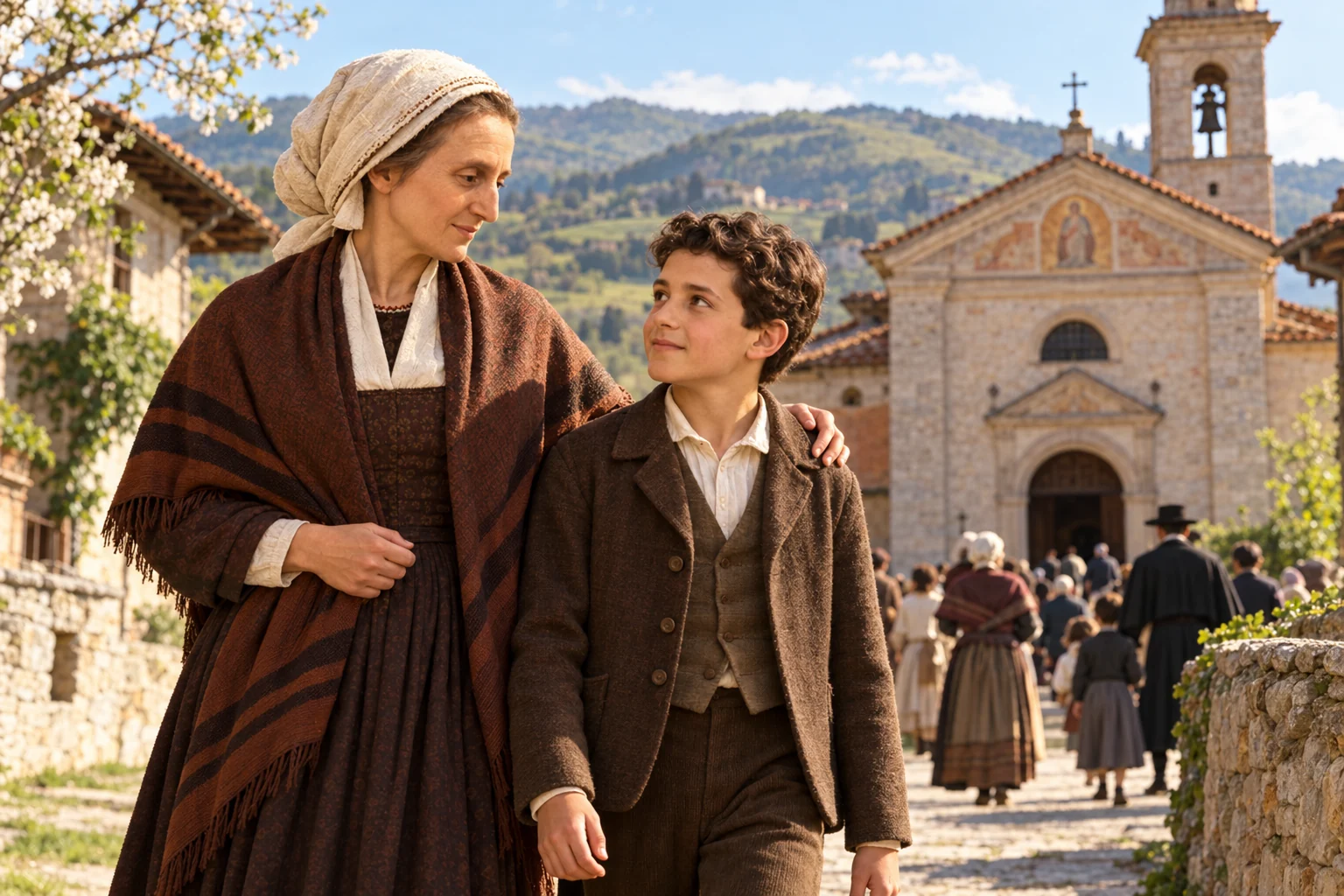 Recriação de Margarida caminhando com João de cerca de onze anos em direção a uma igreja de Castelnuovo numa manhã de primavera