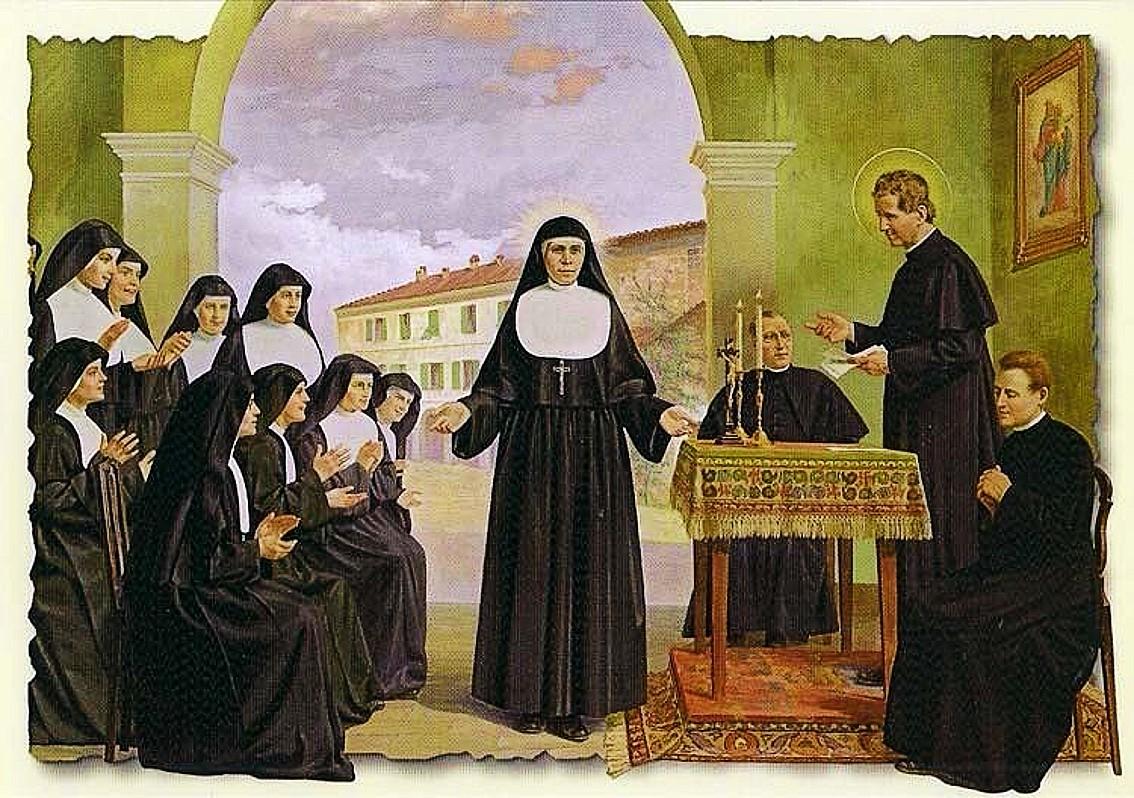 Representação de Maria Domenica Mazzarello com Dom Bosco e as primeiras Filhas de Maria Auxiliadora
