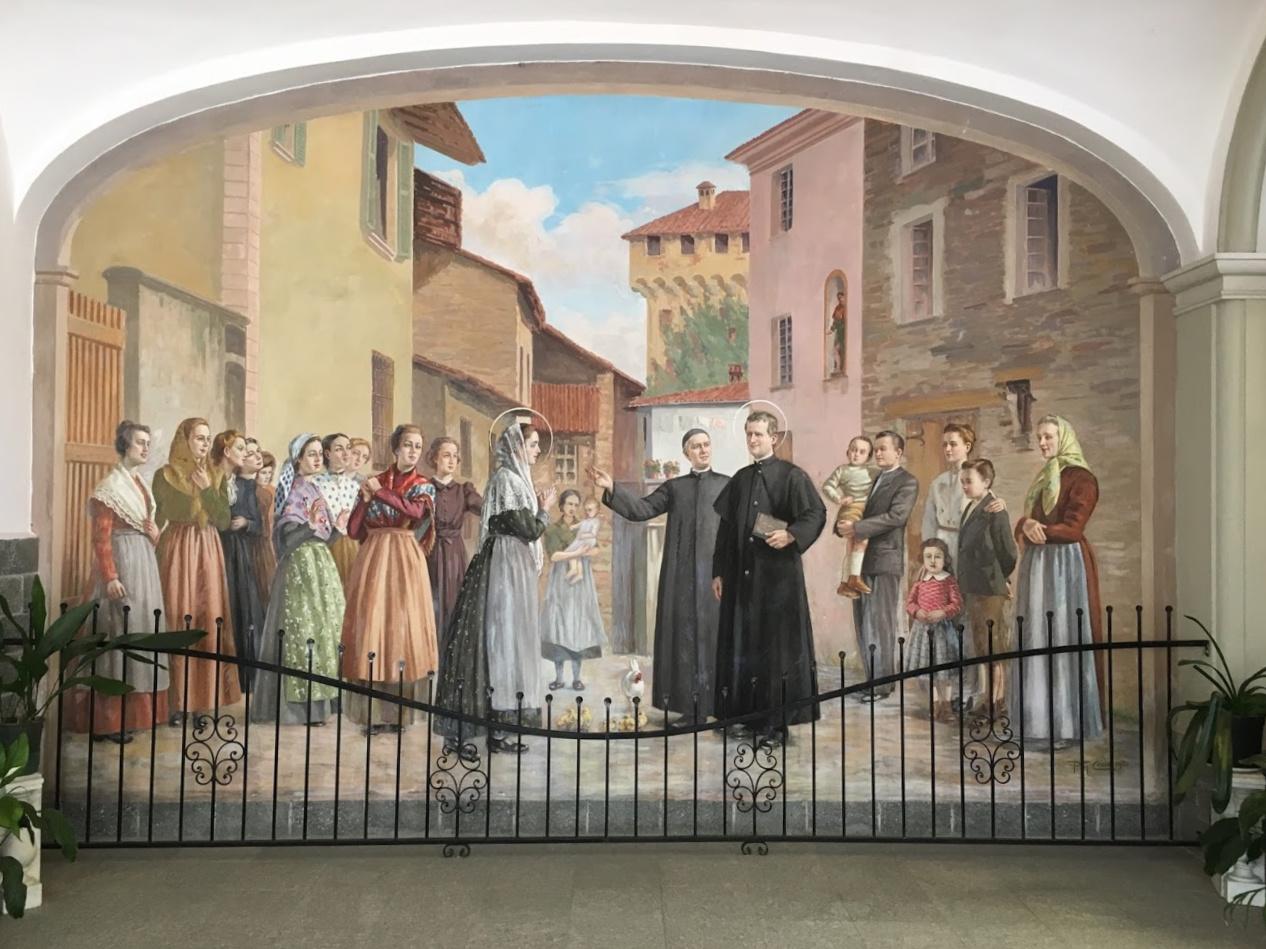 Mural em Mornese sobre Maria Domenica Mazzarello, Dom Bosco e Dom Pestarino