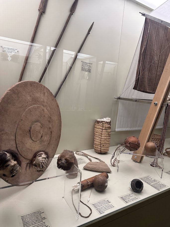 Vitrine com escudo circular, hastes e diferentes objetos